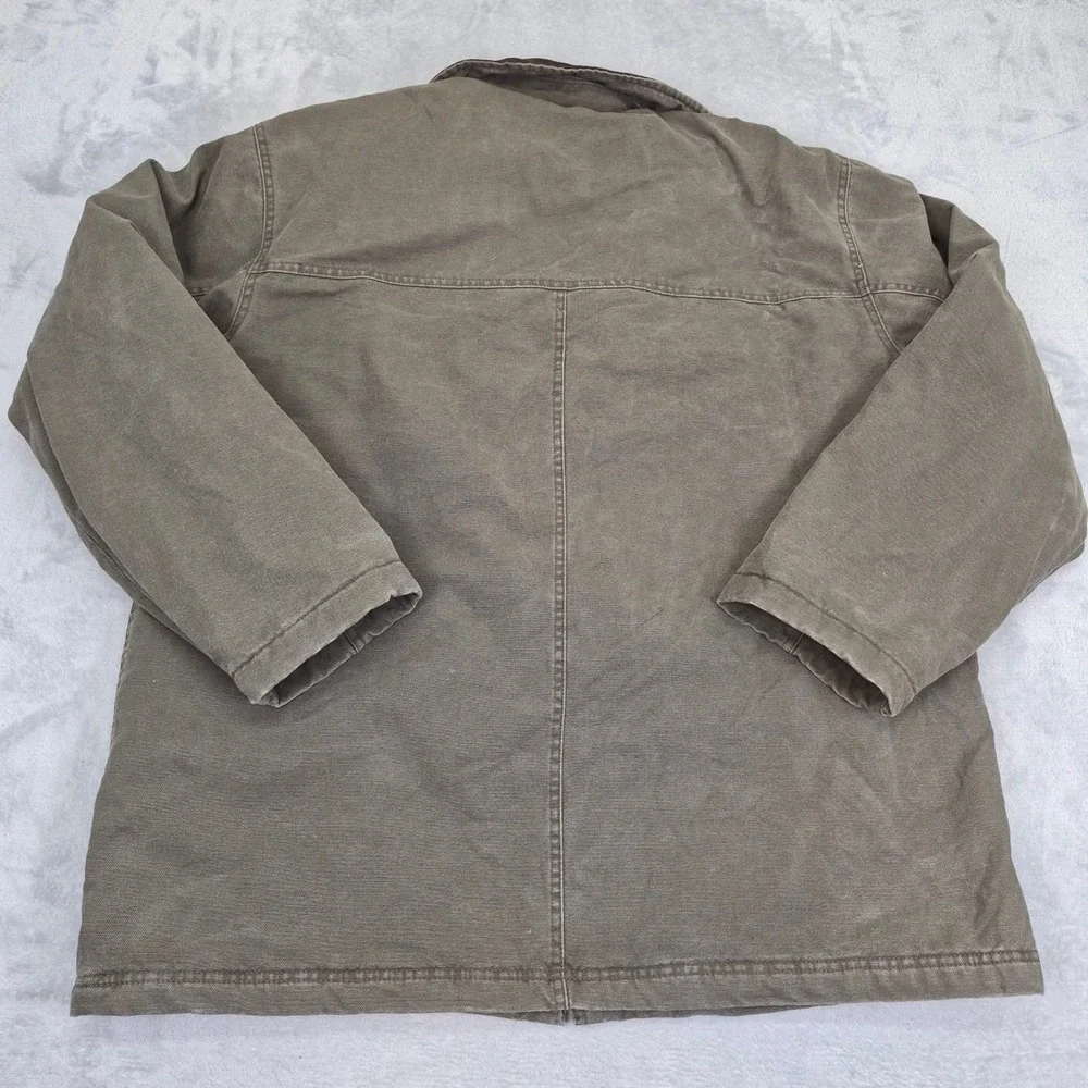 J Crew Mens Barn Jacket XL Olive Drab Canvas Leather Collar Plaid Field Coat